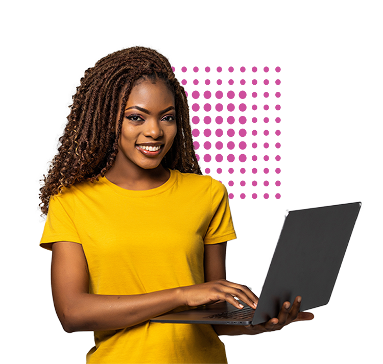 woman standing laptop with dot grid